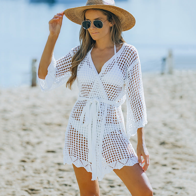 Women's New Knitted Crochet Cutout Tie Beach Blouse - Clevecorner