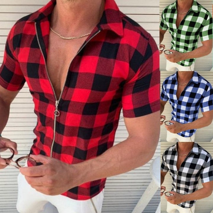 Summer Plaid Zipper T-Shirt for Men