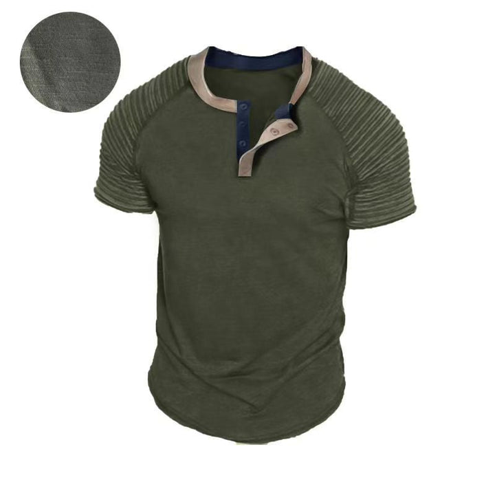 Button Neck Short Sleeved Men's Casual Pleats