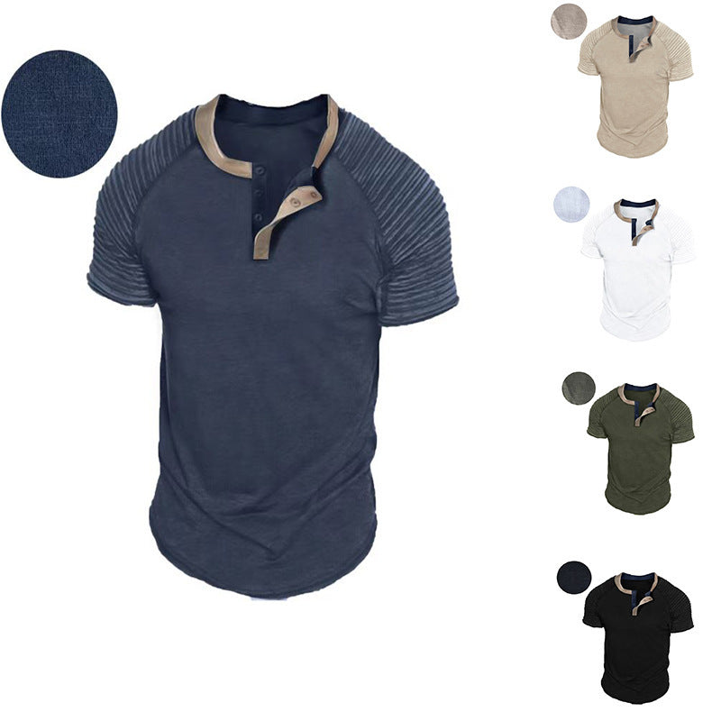Button Neck Short Sleeved Men's Casual Pleats