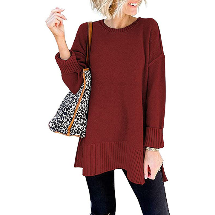 Long Sleeve Side Slit Loose Wool Knit Pullover Blouse
