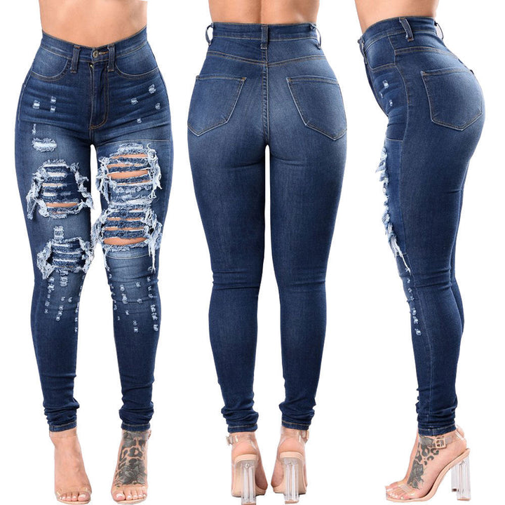 Women's Ripped Denim Washed Denim Pants - Clevecorner