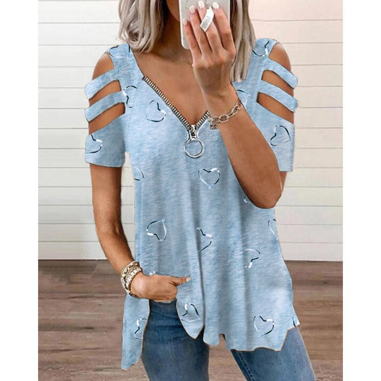 V-neck Zipper Print Short Sleeve Loose Casual T-shirt - Clevecorner