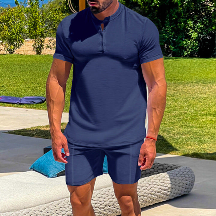 Men's Casual Athletic Solid Color Henley Two-Piece Suit
