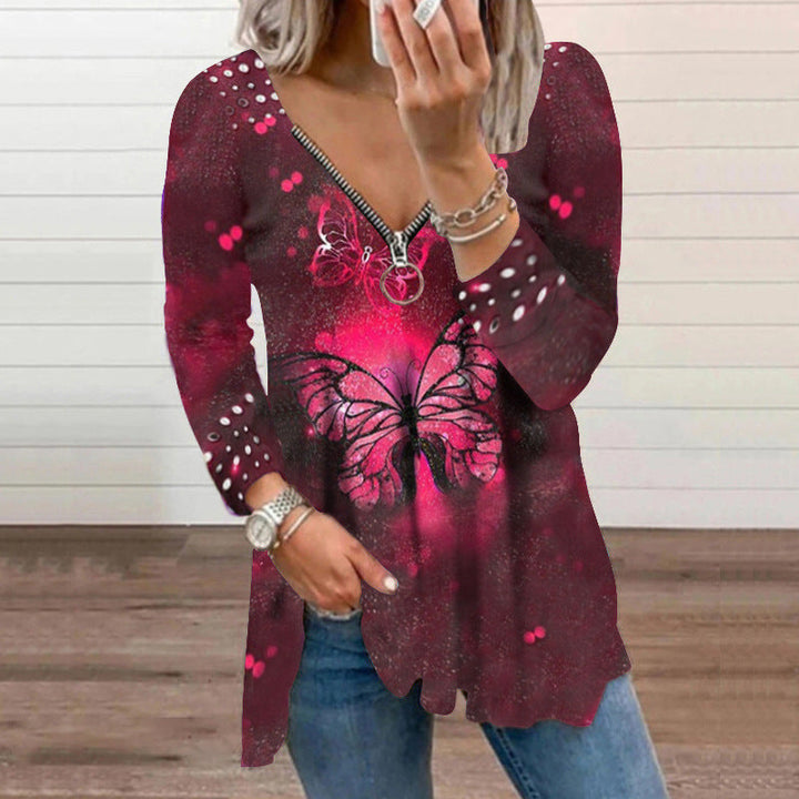 Women's V-neck Zipper Pullover Top Pearl Print T-shirt