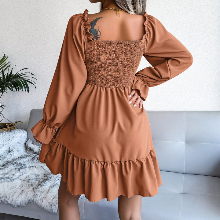 Women's Square Neck Flared with Ruffled Long Sleeves Dress