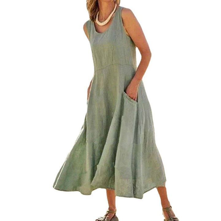Sleeveless Cotton And Linen Solid Color Beach Dress With Big Swing Skirt