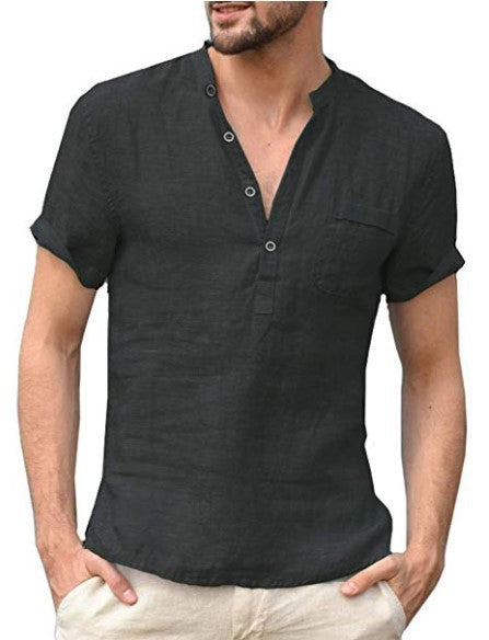 Casual Linen Solid Color Button V-Neck Beach Shirt