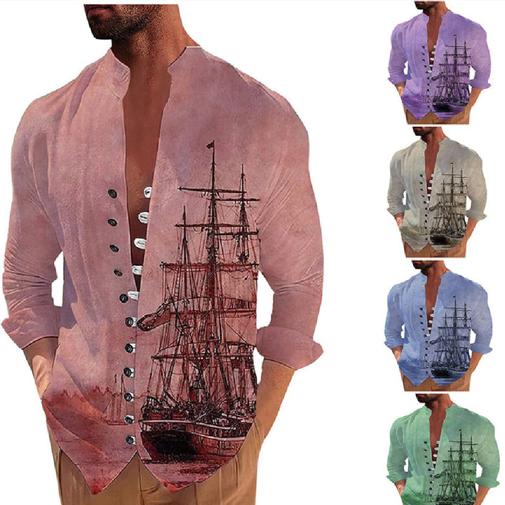 Men's 3D Vintage Print Sailboat Stand Col Button-Down Shirt