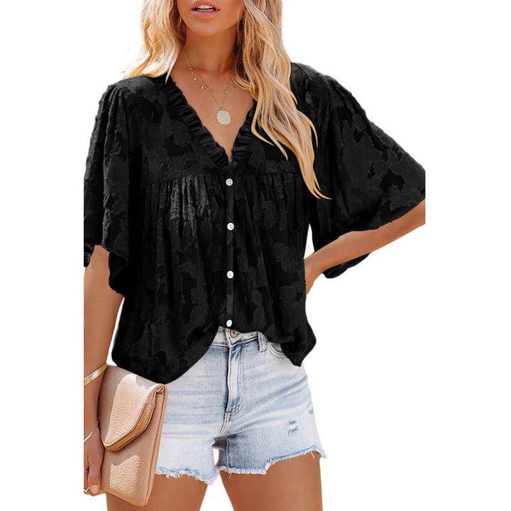 V-neck Cardigan Five-point Mid-sleeve Chiffon Shirt Print Top - Clevecorner