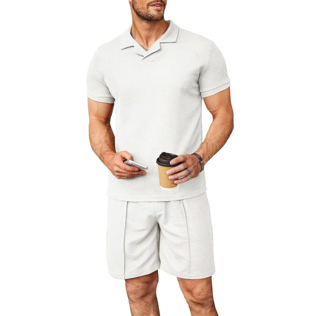 Men's Waffle Style Casual Polo Shirt 2 Pcs Set