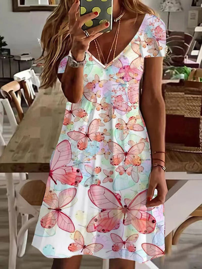 Women's V-Neck Fashion Print Loose Dress - Clevecorner