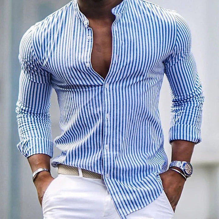 Casual Striped Long Sleeve Shirt with Stand Collar