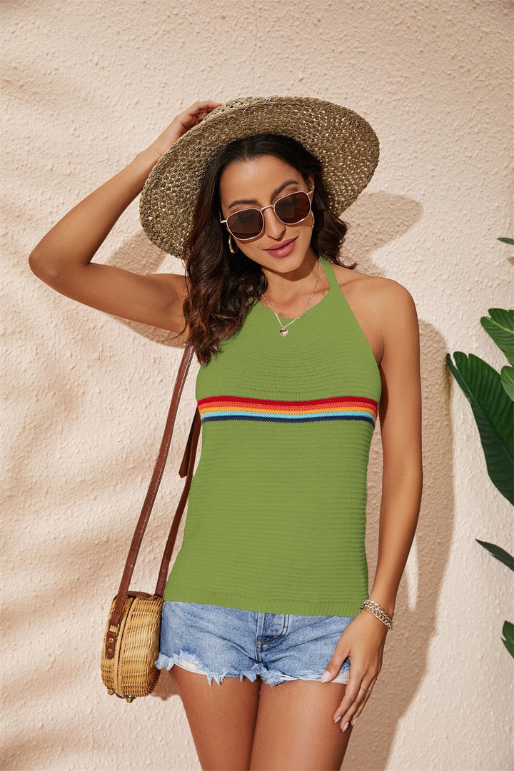 Rainbow Color Stripe Halter Backless Knitted Lace-up Vest