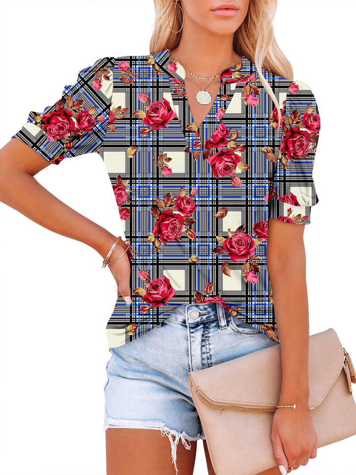 Fashion V-Neck Print Loose Casual Puff Sleeve Pullover Top