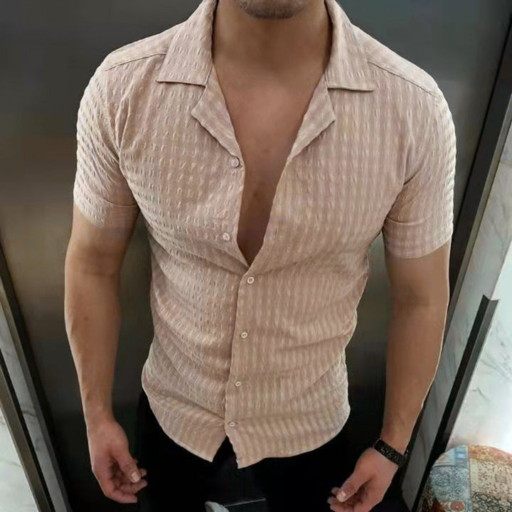 Men's Lapel Cotton Jacquard Short-Sleeve Shirt
