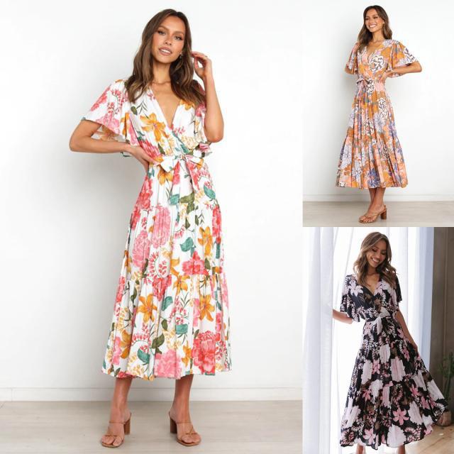 V-Neck Print Short Sleeve Bohemian Dress - Clevecorner