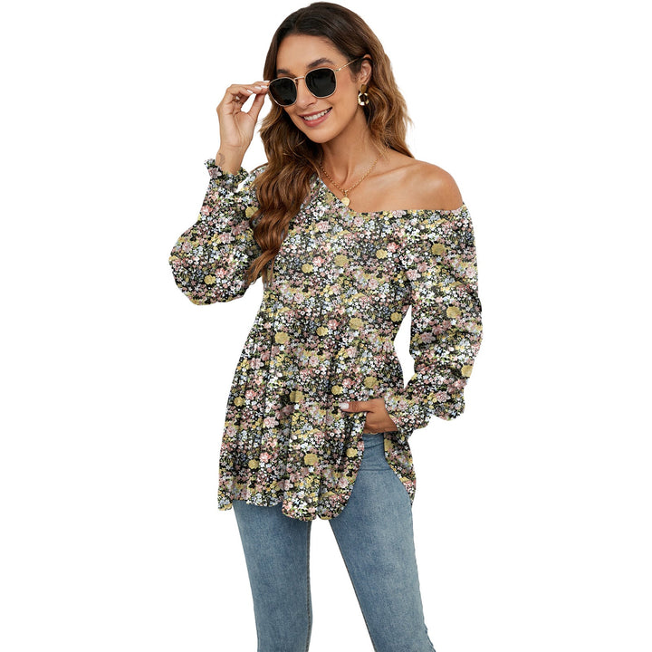 Long Puff Sleeve Tops Women Flowers Print Casual V-Neck Blouse T-Shirts