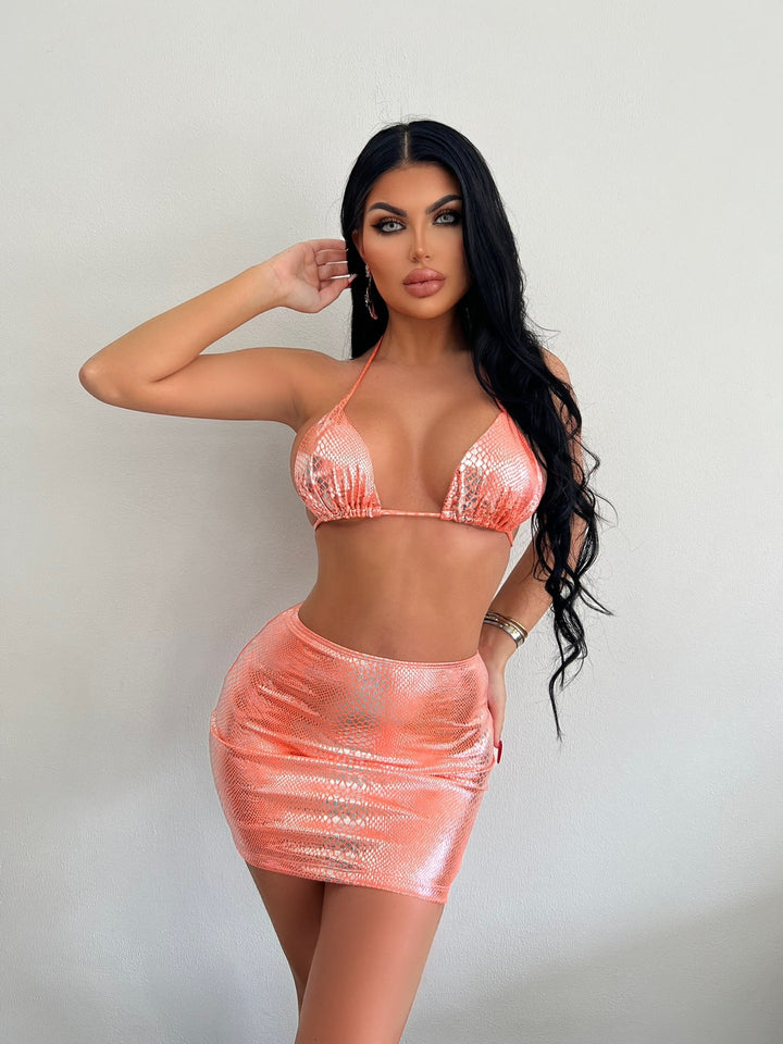 Three Pieces Bathing Suits Halter Snake Pattern Bikini Set