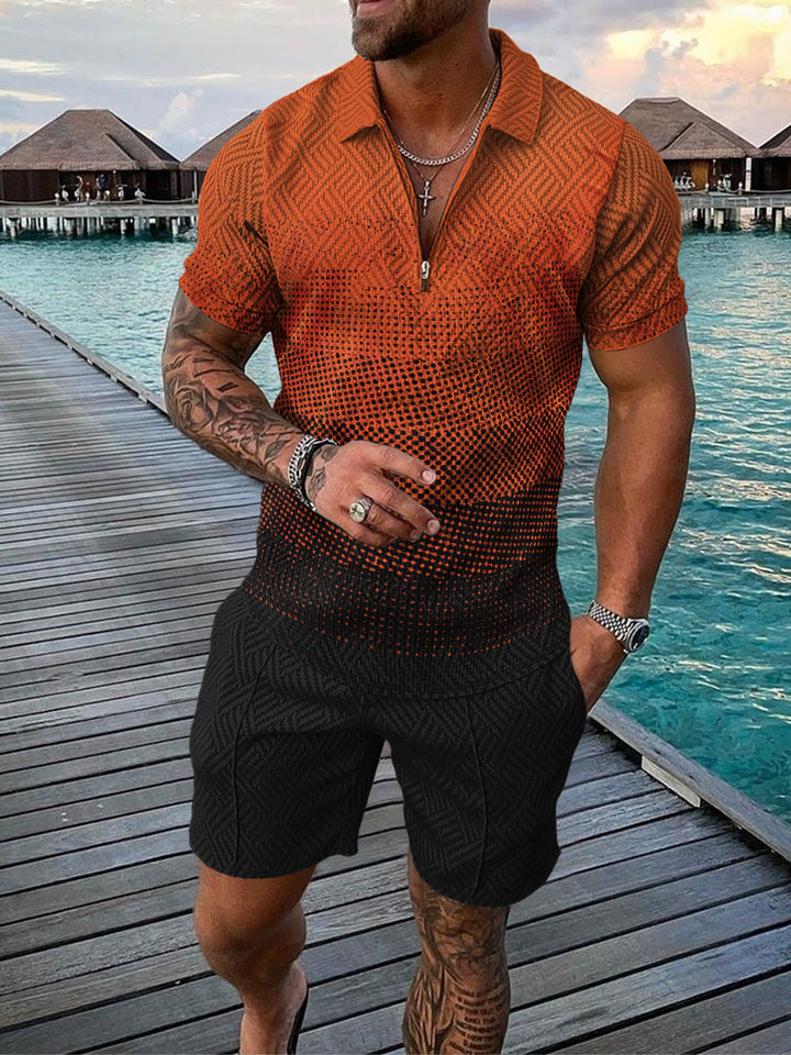 Men's Casual Color Contrast Polo Shirt - Short Sleeve Zip Lapel Suit