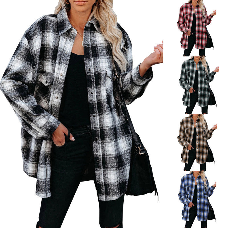Women's Plaid Mid Length Loose Lapel Cardigan Shirt - Clevecorner