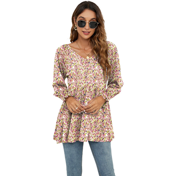Long Puff Sleeve Tops Women Flowers Print Casual V-Neck Blouse T-Shirts