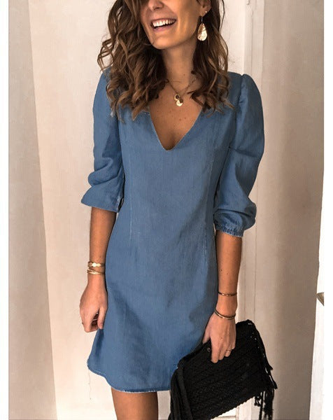 V-neck Short-sleeved Cotton And Linen Dress - Clevecorner