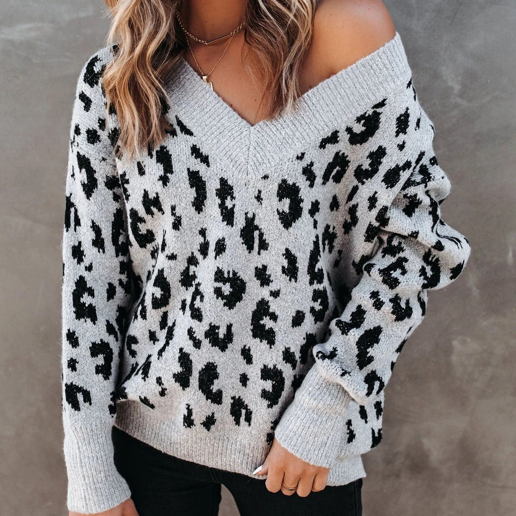 Loose Casual V-neck Strapless Leopard Print Core-spun Yarn Sweater