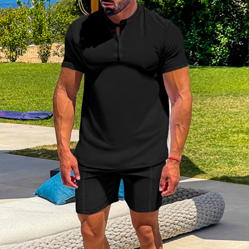 Men's Casual Athletic Solid Color Henley Two-Piece Suit