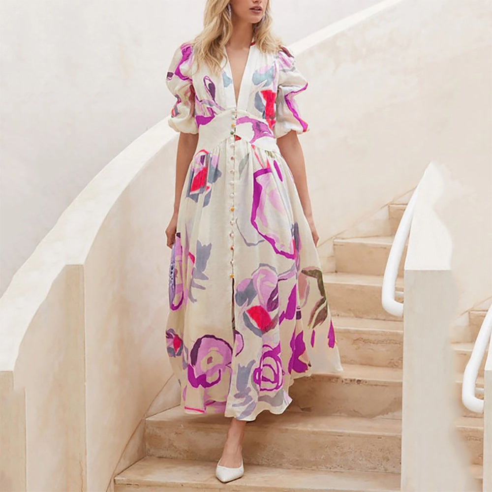 Summer V-Neck Button Print Dress with Short Sleeves for Women