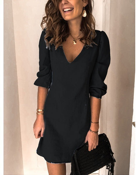 V-neck Short-sleeved Cotton And Linen Dress - Clevecorner
