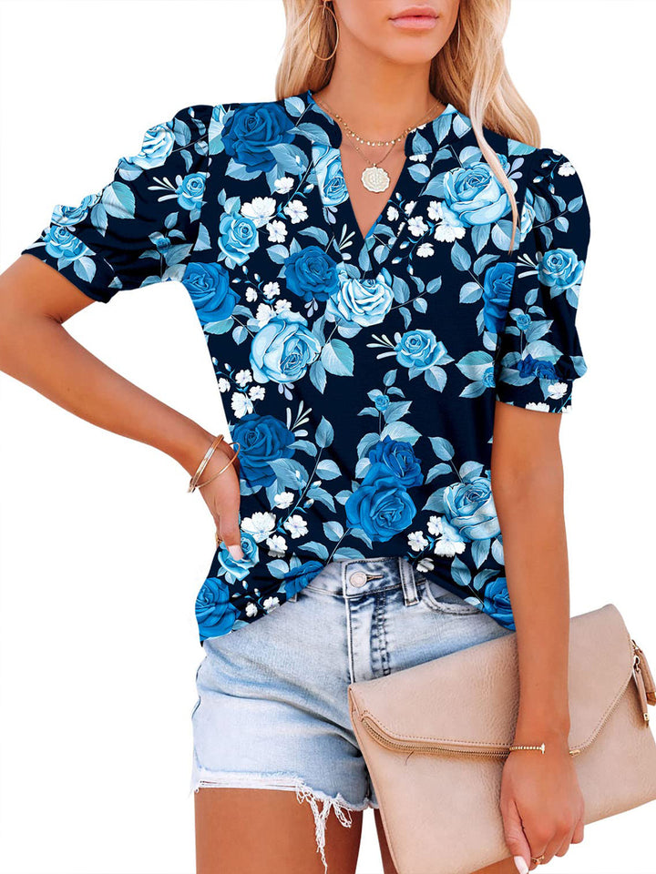 Fashion V-Neck Print Loose Casual Puff Sleeve Pullover Top