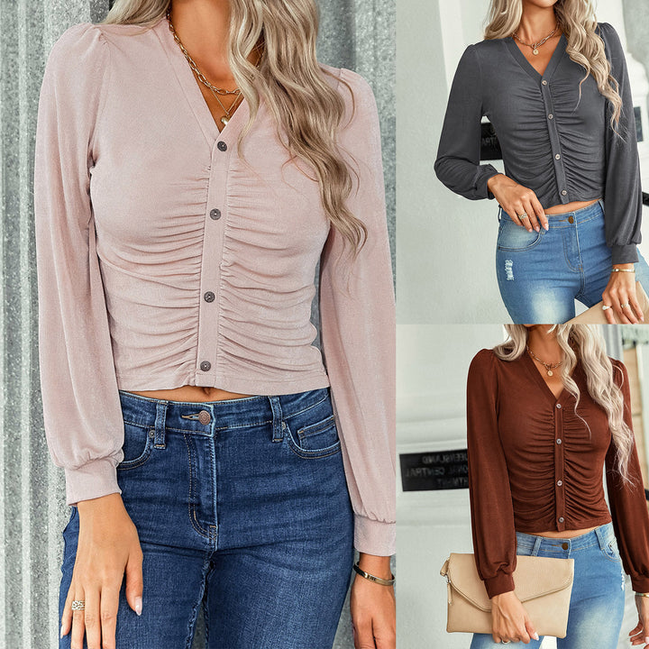 Fashion Cropped Navel Knit V-Neck Long Sleeve Blouse