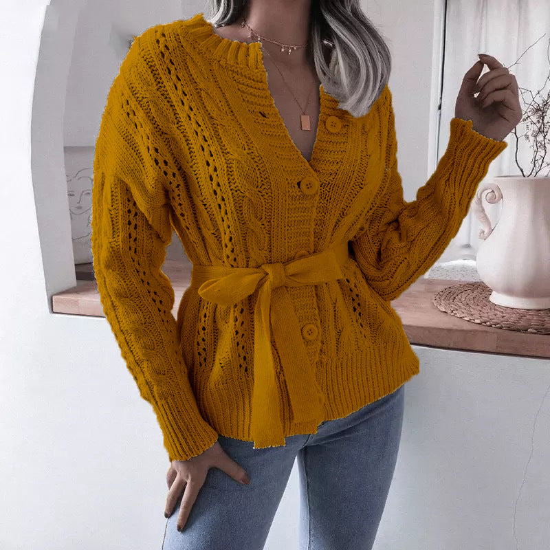 Twisted Buttoned Waist Knitted Cardigan - Clevecorner