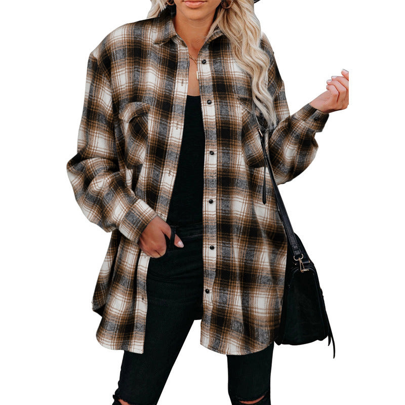 Women's Plaid Mid Length Loose Lapel Cardigan Shirt - Clevecorner