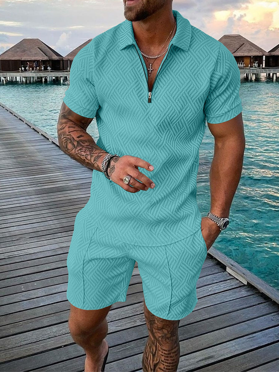 Men's Casual Color Contrast Polo Shirt - Short Sleeve Zip Lapel Suit