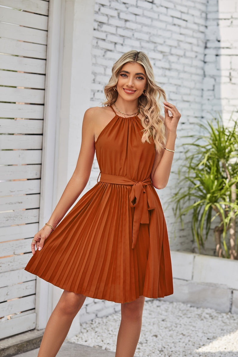 Women's Solid Pleated Skirt Summer Beach Dress
