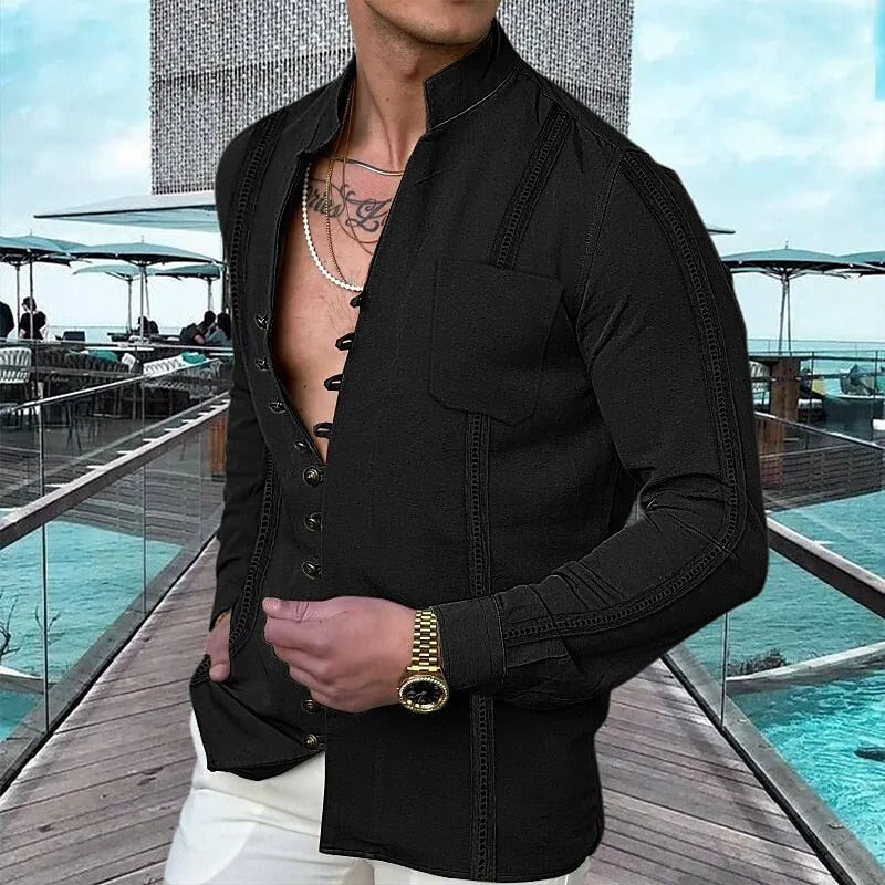 Men's Cotton Linen Solid Color Long Sleeve Shirt