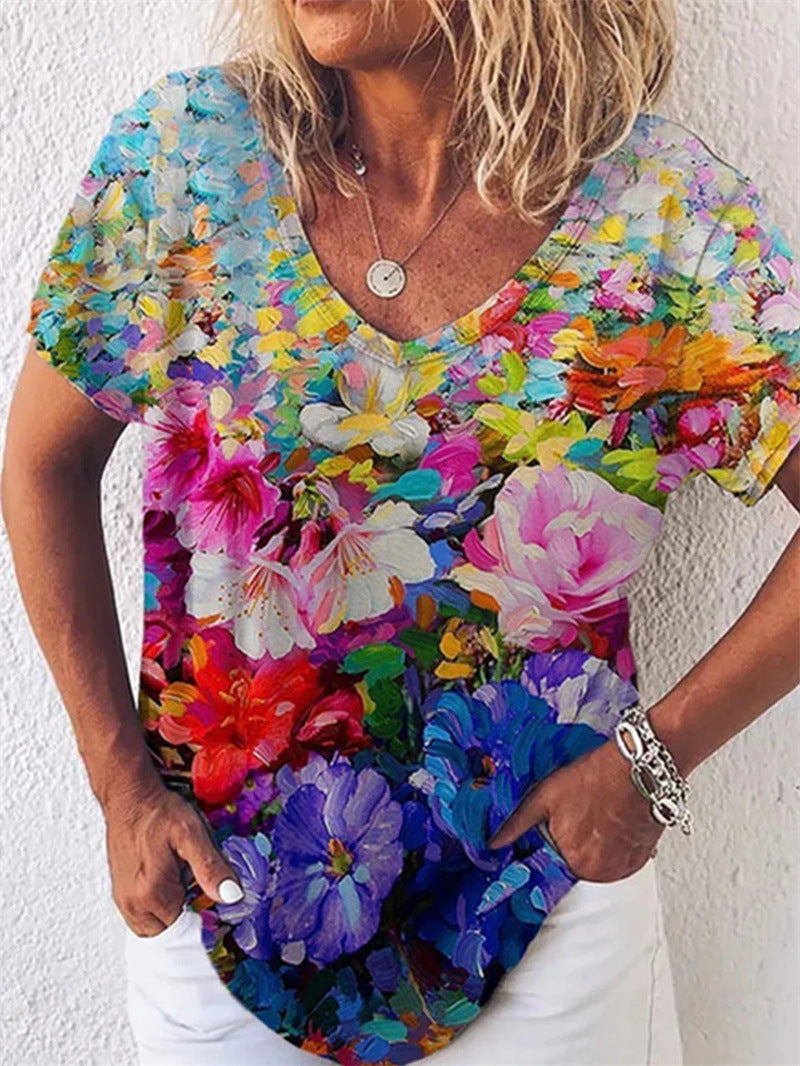 Summer Popular Floral Print Short-sleeved V-neck T-shirt For Women - Clevecorner