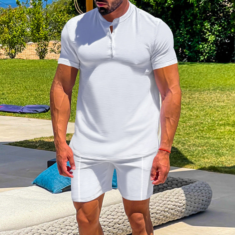 Men's Casual Athletic Solid Color Henley Two-Piece Suit