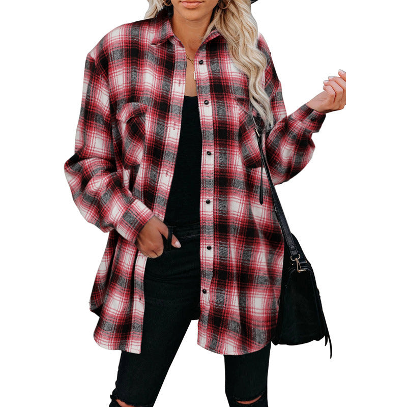 Women's Plaid Mid Length Loose Lapel Cardigan Shirt - Clevecorner
