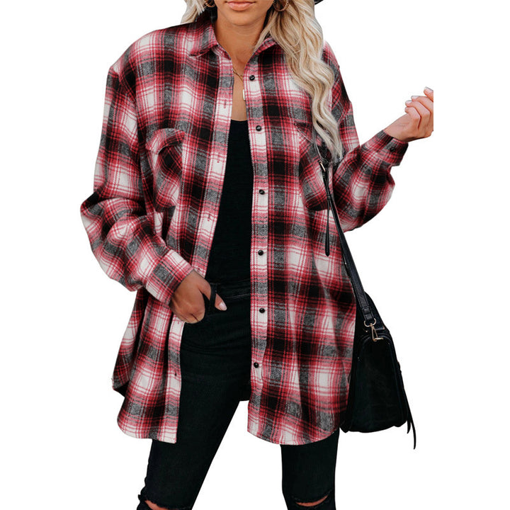 Women's Plaid Mid Length Loose Lapel Cardigan Shirt - Clevecorner