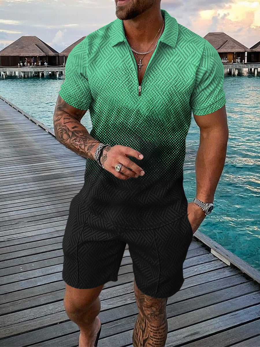 Men's Casual Color Contrast Polo Shirt - Short Sleeve Zip Lapel Suit