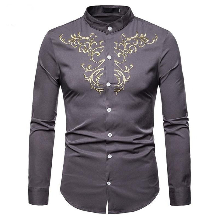 Men's Embroidered Henry Collar Ironing Free Long Sleeves Shirt