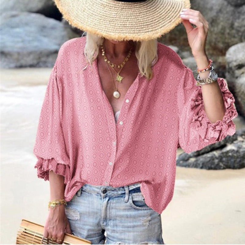 Women Loose Long-Sleeved Printed Shirt - Clevecorner