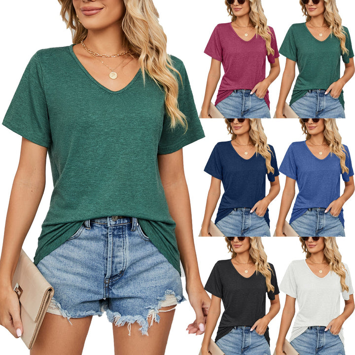 Spring Summer Short Sleeves V-neck Pleated Solid Color Loose-fitting T-shirt