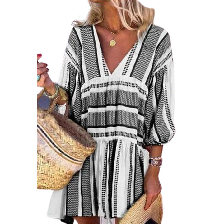 Women's Striped Print V Neck Three Quarter Sleeve Dress - Clevecorner