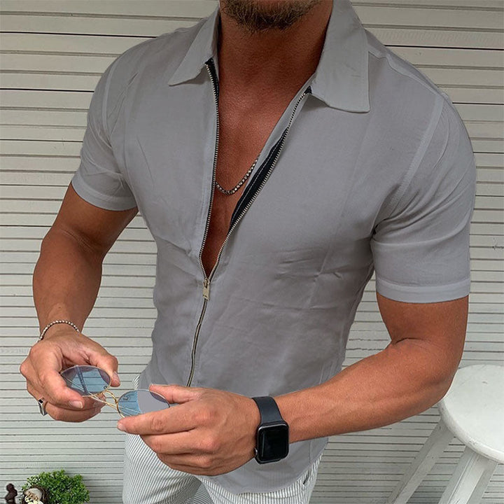 Solid Color Zipper Short Sleeve Cardigan