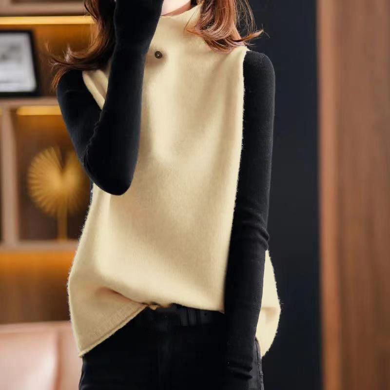 Women's High Collar Button Solid Color Knitted Vest - Clevecorner