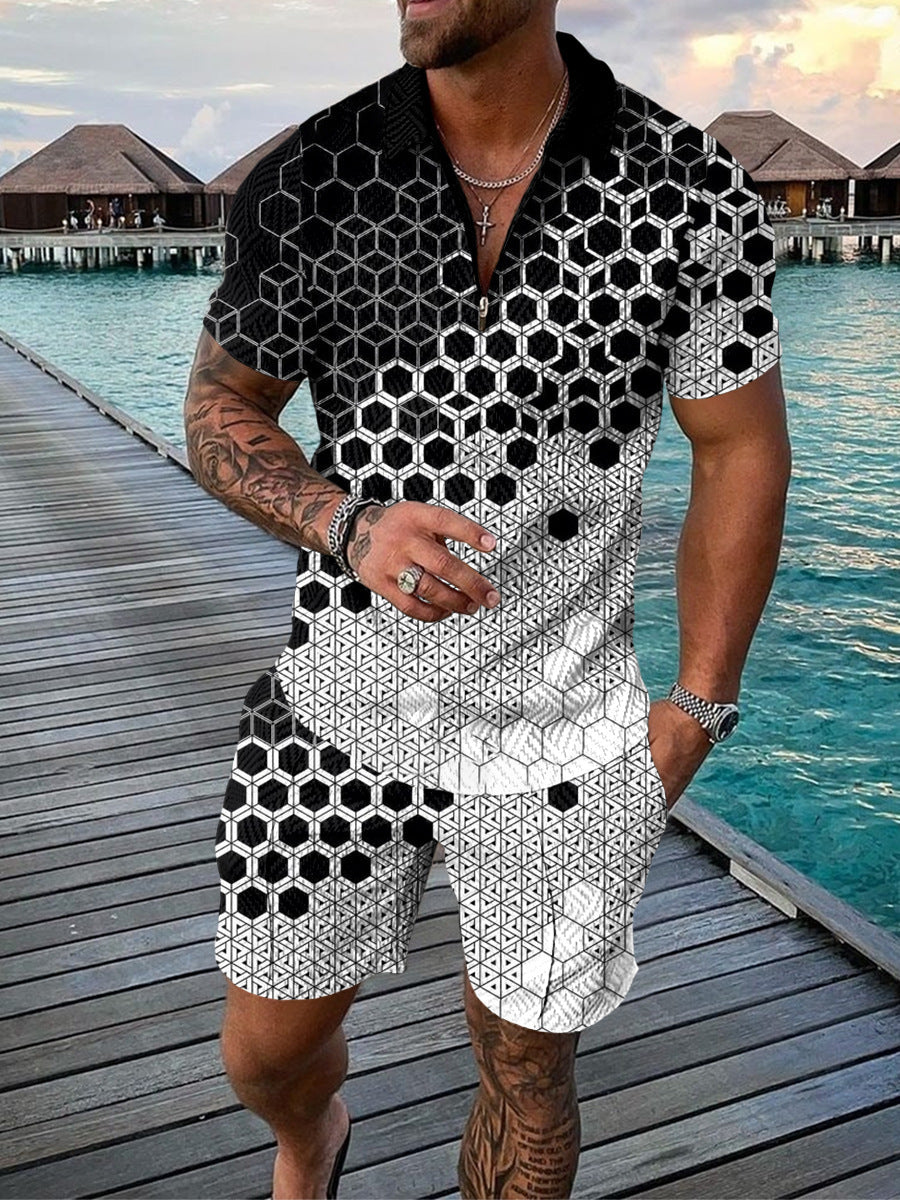 Men's Casual Color Contrast Polo Shirt - Short Sleeve Zip Lapel Suit